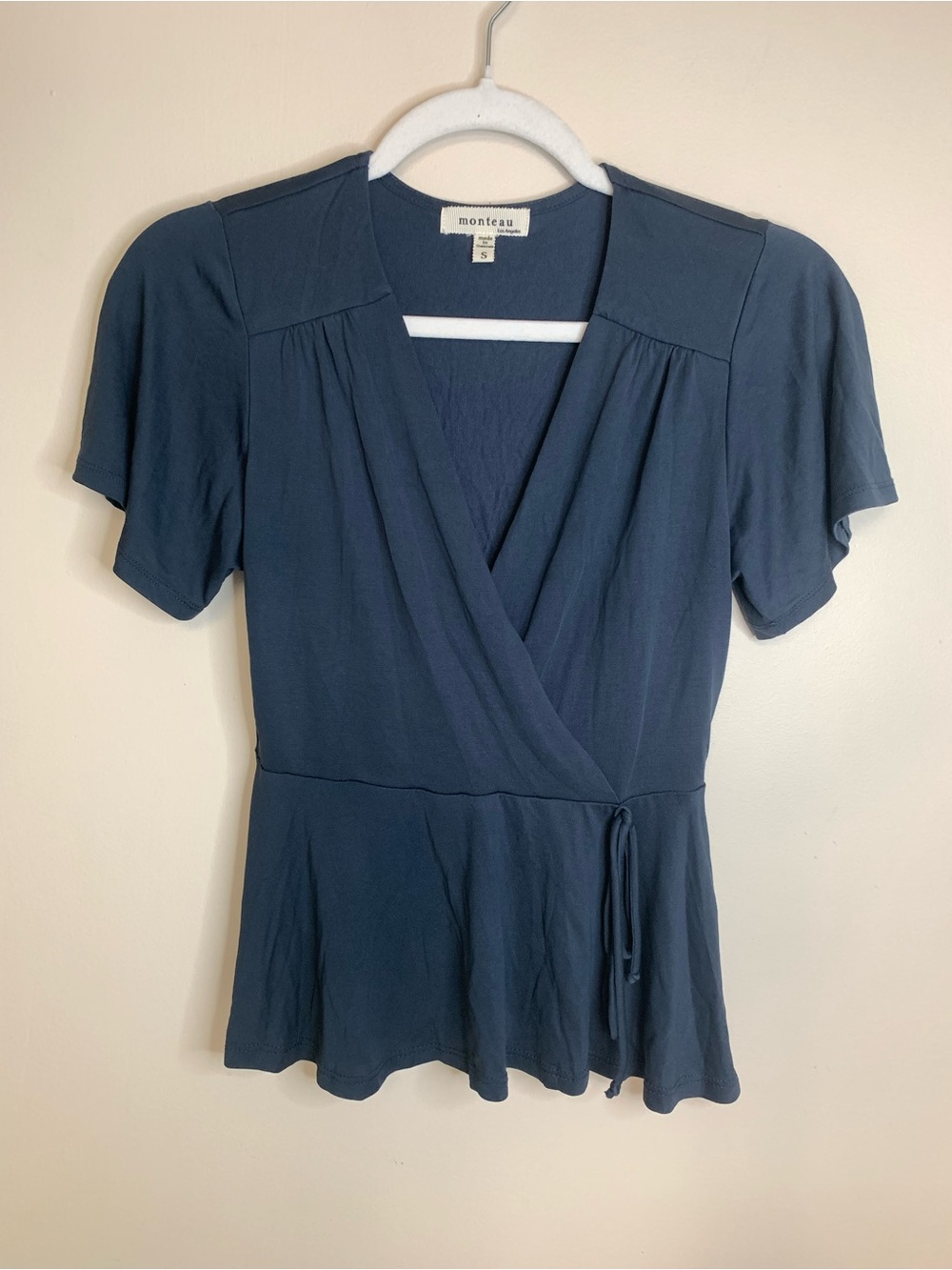 Monteau Slate Blue Wrap Peplum Top